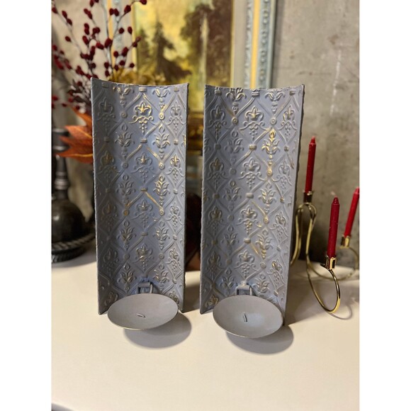 Pressed Metal Fleur de Lis Sconces Candlestick Holders Set of Two - Picture 1 of 5